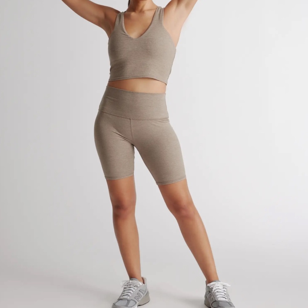 Quince Taupe Ribbed Bike Shorts and Crop Tank Set